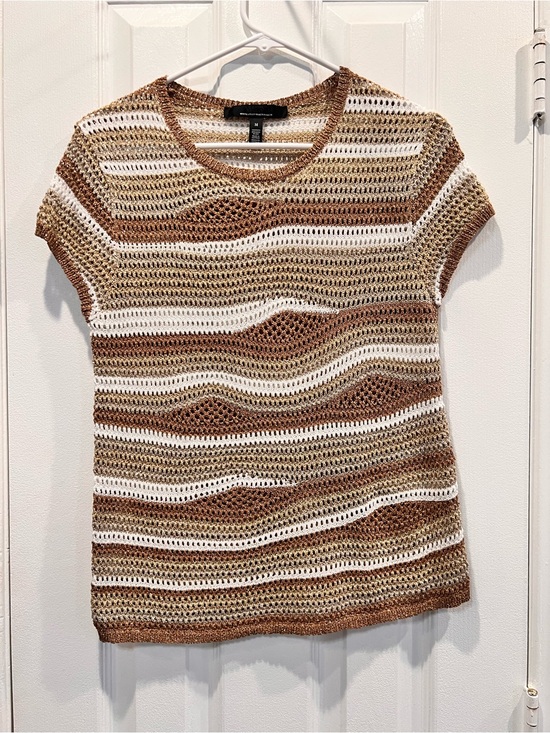 White House Black Market Sweaters - White House Black Market Open Knit Metallic Striped Short Sleeve Sweater M Boho